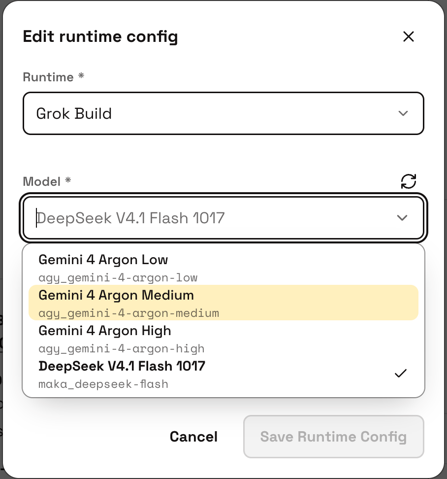 Machine-level model dropdown showing agy_ and maka_ prefixed model IDs